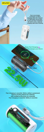 Powerbank με αποσπώμενο καλώδιο - WP-117 - 10.000mah - 22.5W - AWEI - 026482 - Black - Image 2